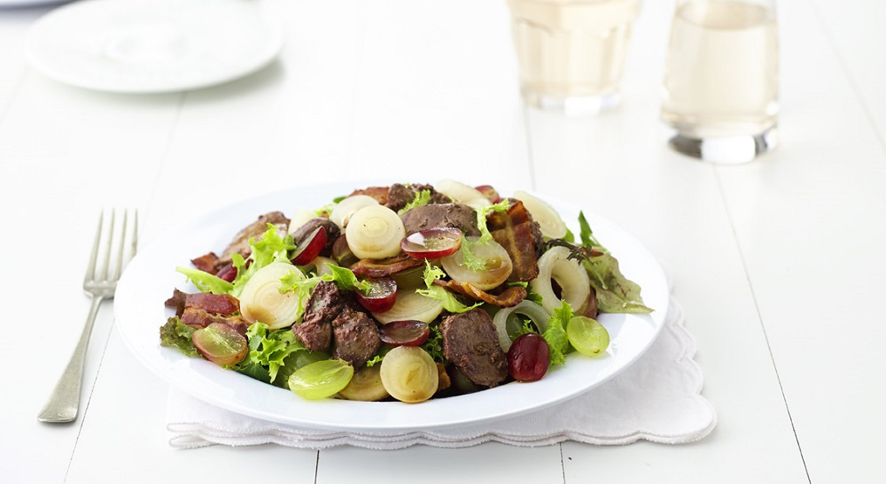 Chicken livers with Peppadew pickled onions, bacon and grapes