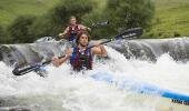 Andy Birkett leads Hank MacGregor through the drop off at the top of Glenhaven rapid.