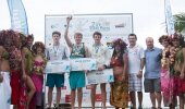 Mark Keeling gets his awards after winning the junior boys title at the ICF Ocean Racing World Championships in Tahiti, flanked by Hector Henot of France and Fergus Morgan of Australia .