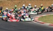 2015 SA Rotax Max Challenge DD2 champion Bradley Liebenberg (12) leads Nathan Parkins (13) and Arnold Neveling (44) at Zwartkops in the final round of the championship