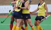 The pain of Sulette Damons (far left) and joy of Lilian du Plessis (11), match-winner Shelley Russell and team-mate Jules Cass (far right) as champs Southern Gauteng edge underdogs North West 3-2 in the SA Interprovincial Tournament at Greenfields Turf in Pietermaritzburg Wednesday.