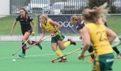 SA's Shelley Russell scythes through during the second Test against Belgium at Hartleyvale Saturday. The match ended 3-3.