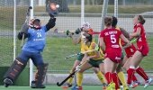 SA goalkeeper Sanani Mangisa, in her 100th Test match, palms away a Begium penalty corner during the third Test at Hartleyvale in Cape Town Wednesday. SA won 3-2 to lead the six-Test series 1-0, The first two Tests were drawn 1-1 and 2-2.