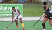SA midfielder Illse Davids in control as Belgium's Anouk Raes comes across during the fourth Test at Hartleyvale in Cape Town Thursday. Belgiun won 3-2 to tie the series 1-1.