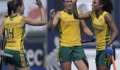 Kelly Madsen (left) and Dirkie Chamberlain (middle) celebrate Illse Davids' (right) goal against Wales during the Investec London Cup this year.