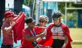 Robyn de Groot (right) and Catherine Williamson are greeted at the finish line of Stage 1 of the FNB Wines2Whales after finishing the stage in second place. The pair went on to win Stages 2 and 3 and claim the overall title.