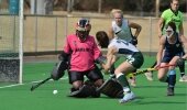 Free State's Lezanne Vermaak (left) scores the opening goal past Northern Blues goalkeeper Phume Mbande during the Bloemfontein girls' 2-1 win at the SA Interprovincial Tournament in Potchefstroom Thursday as Free State's Jo-Nelke Swanepoel and Blues' Kim Hubach (face mask) look on.