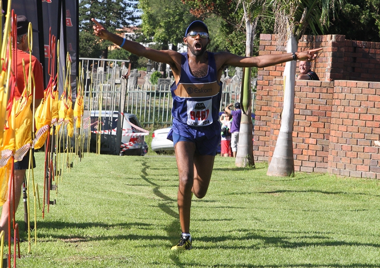 Sibonelo Mashimane came in very happy and elated at finish. Sibonelo Mashimane came in very happy and elated at finish.