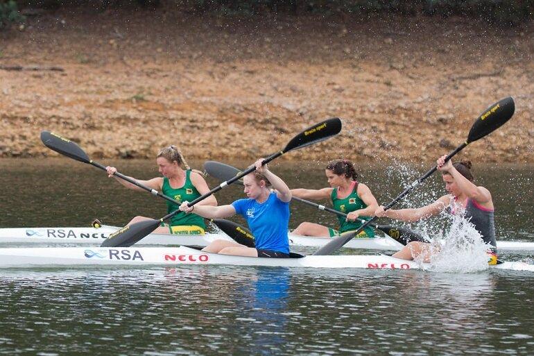 Two of the girls K2's (From left): Kerry Segal, Kayla de Beer, Brittany Petersen, Donna Hutton prepare for the ICF Junior & U23 Canoe Sprint World Championships in Montemor-o-Velho, Portugal in July.