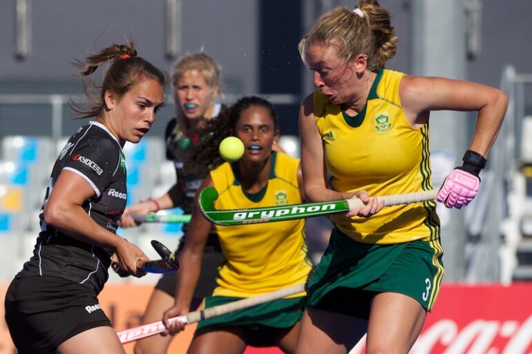 Celia Evans v Germany yesterday, with Illse Davids in background. Celia Evans v Germany yesterday, with Illse Davids in background.
