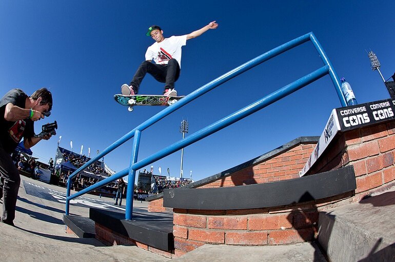  Nyjah Huston in action during the final heat of the 2013 Kimberley Diamond Cup presented by Kumba Iron Ore. The defending champion is back in Kimberley to battle some of the top pro skaters from around the globe.