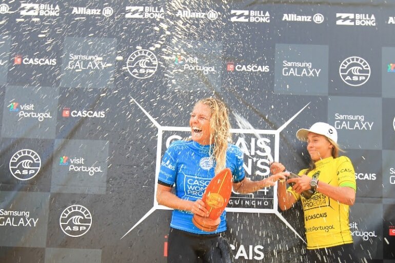 Caption: Stephanie Gilmore celebrates her win at the Cascais Women's Pro. Image: ASP / Masurel Caption: Stephanie Gilmore celebrates her win at the Cascais Women's Pro. Image: ASP / Masurel