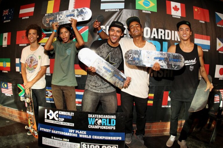2014 Kimberley Diamond Cup top five street skaters Nassim Guammaz, Louie Lopez, world champion Kelvin Hoefler, Tommy Fynn and Nyjah Huston. Photo Credit Rudi Jeggle